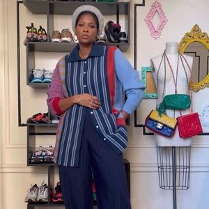 La Ligne pinstriped wide leg pant. Collab with Target. pleats.Elastic waistband.